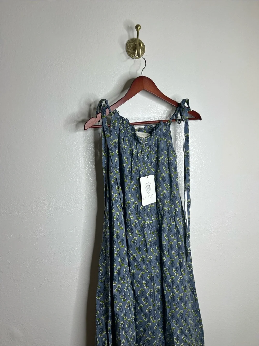 NWT Ex - Voto 100% Cotton Blue Block Print Bohemian Iris Sundress Maxi Flowy